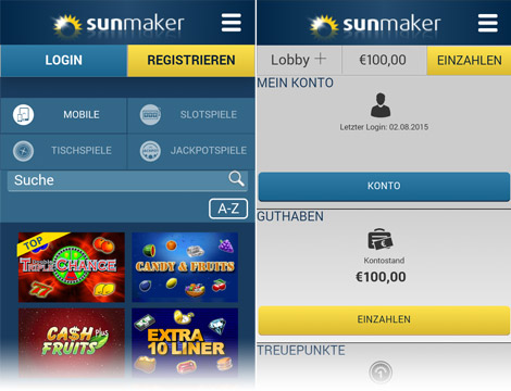 Sunmaker Casino Handy Casino Benutzeroberfläche