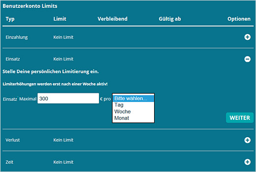 Platin Casino Benutzerkonto-Limits